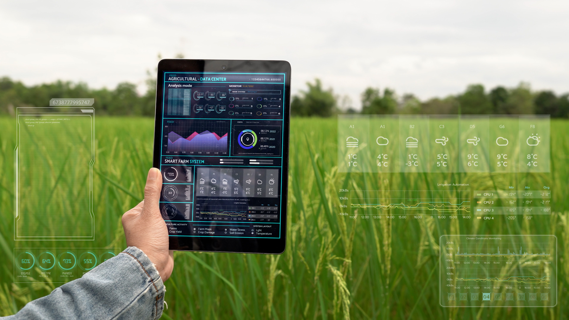 A hand holding an ipad showing data in front a crop background